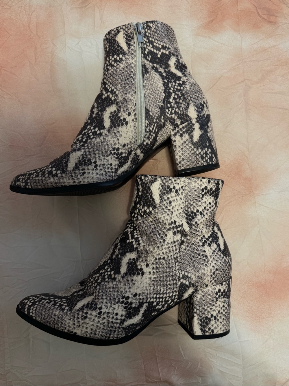 Snake-Print Block Heel Ankle Boots - Black & Cream